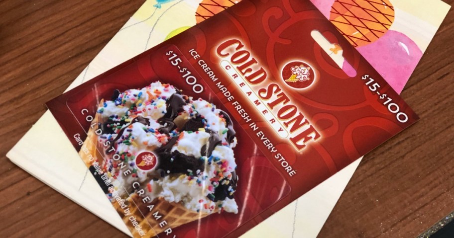 Coldstone Creamery Gift Card sitting on card on table