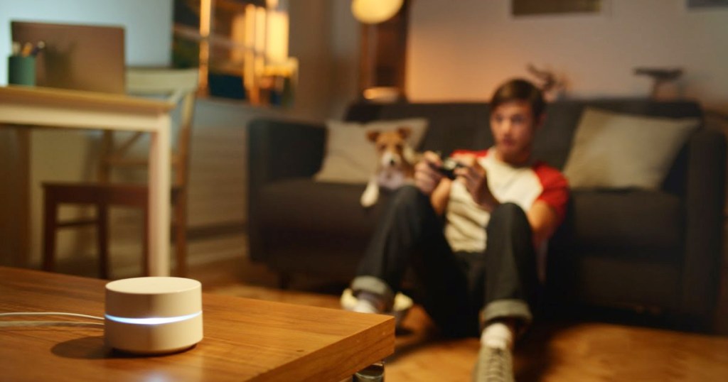 Boy playing video games and sitting on the couch with his dog near a Google WiFi router