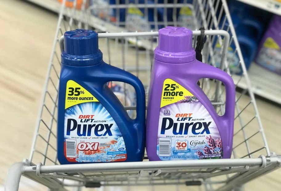 two purex bottles in shopping cart
