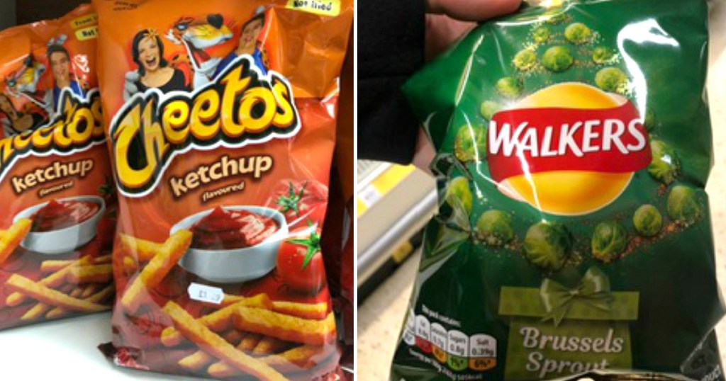Ketchup Cheetohs and Brussels Sprout Chips in UK