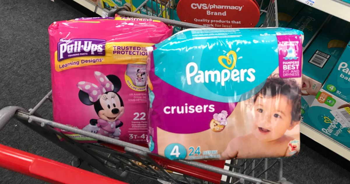 Pull-Ups and Pampers diapers in shopping cart