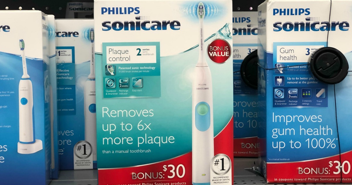 Philips Sonicare Toothbrushes in boxes on a store shelf