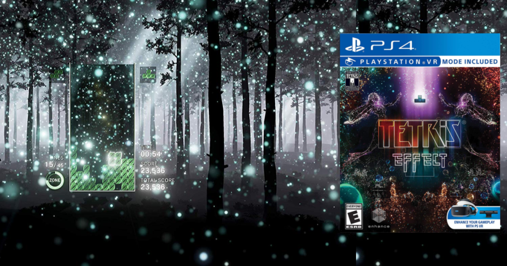 Tetris Effect PS4 VR game case over screen grab of trees from game play