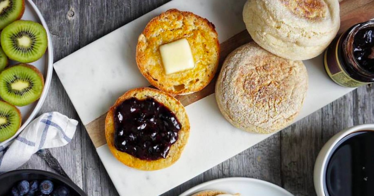English muffins with butter and jam