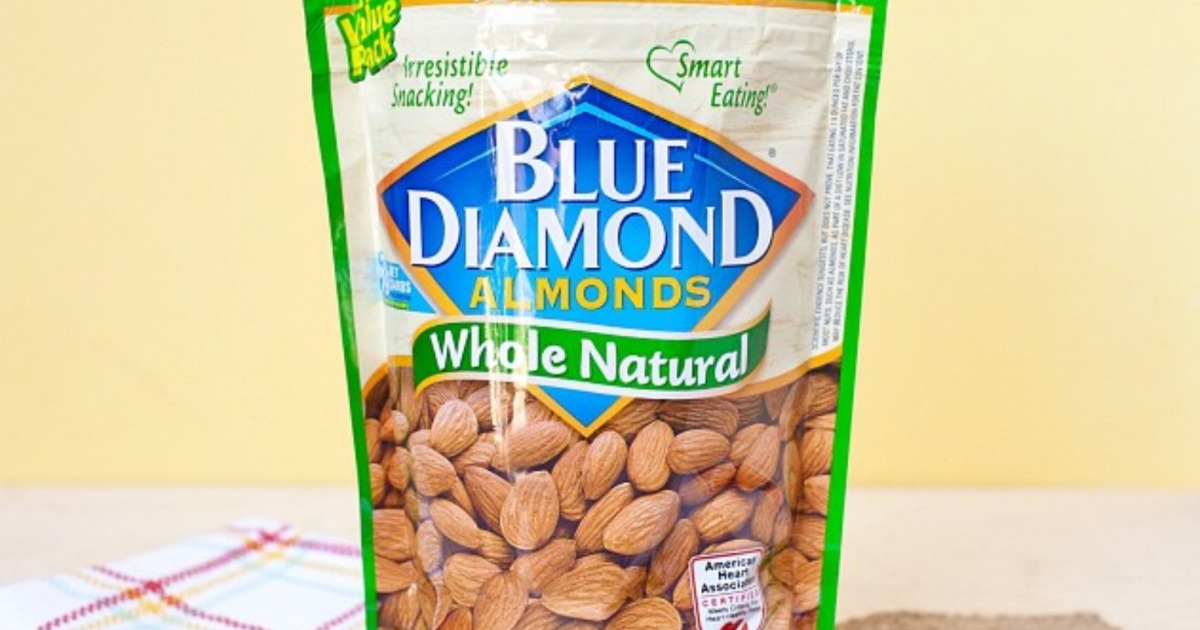 Large bag of almonds on counter with napkin