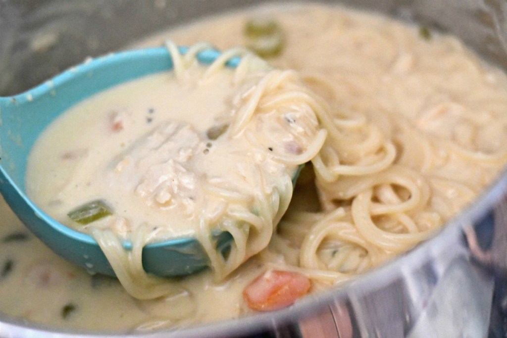 creamy chicken soup in a ladle