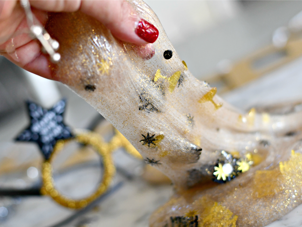 pulling clear glitter New Year's Eve slime
