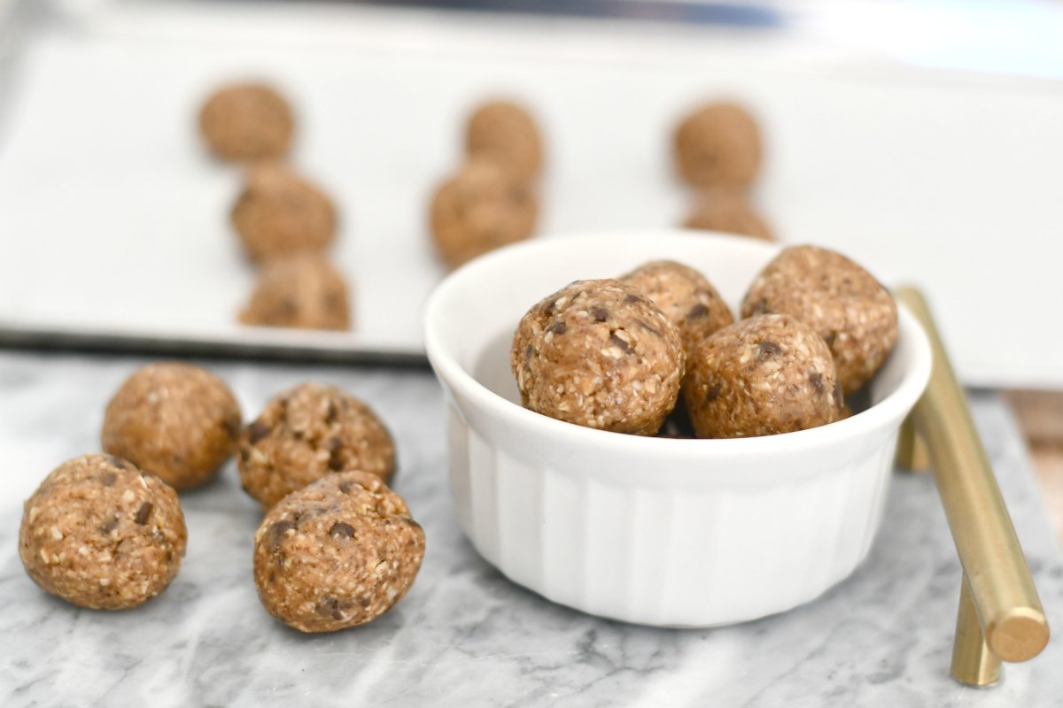 Oatmeal Cookie Dough Energy Bites – rolled up in a ramekin ready to serve