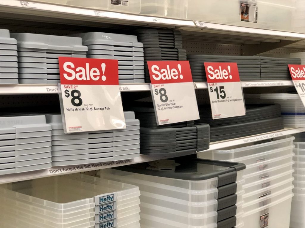 Hefty totes on shelves at Target
