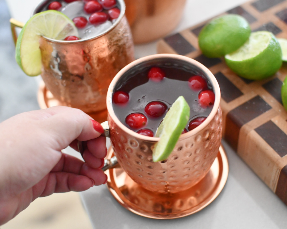 holding a cup with cranberry moscow mule