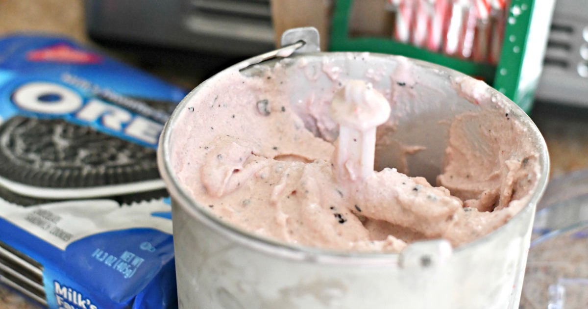 Homemade Peppermint Cookies & Cream Ice Cream – closeup in the ice cream maker