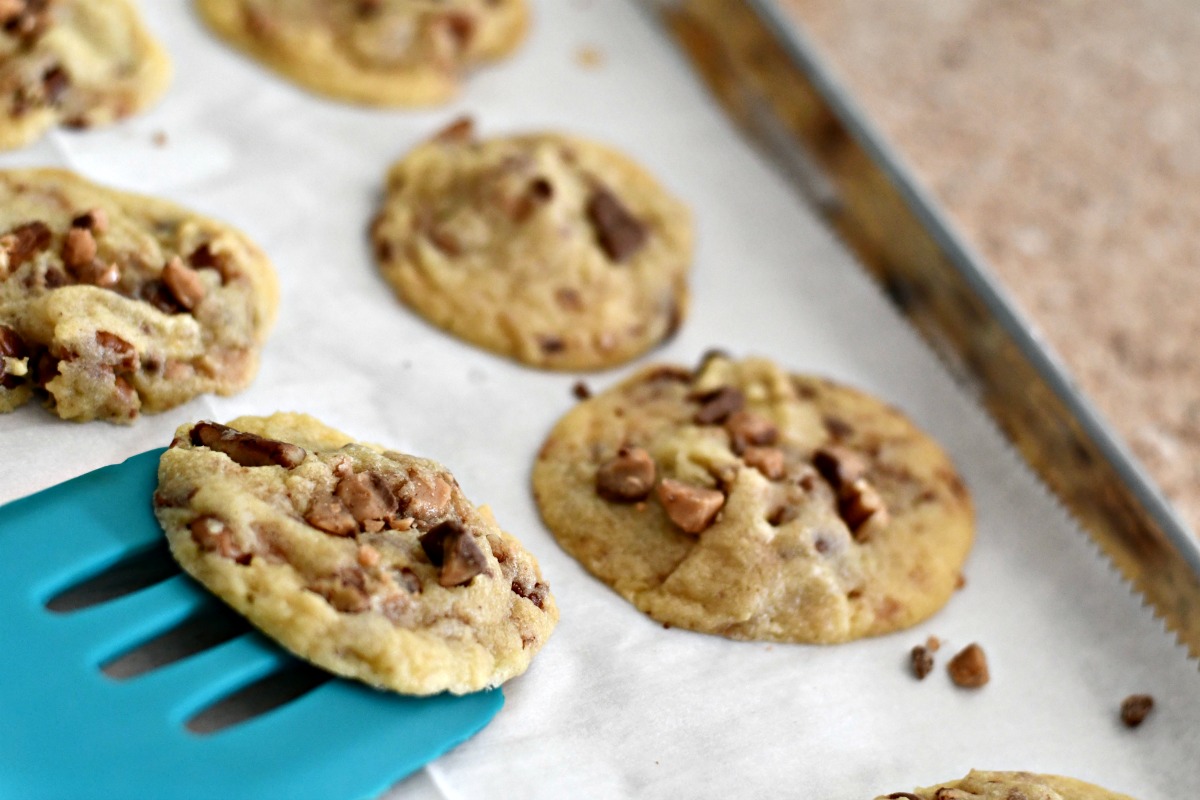 cookie dough christmas cookies recipe – toffee pecan cookies on a baking sheet