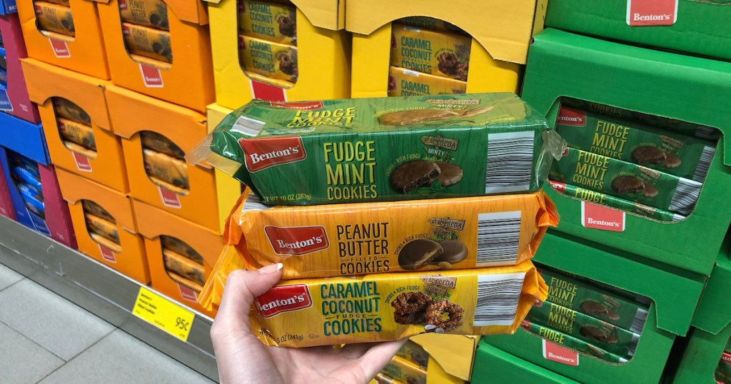 top Aldi snack foods to buy - pack of knock off girl scout cookies fudge mint peanut butter fudge caramel coconut packs of stacked cookies
