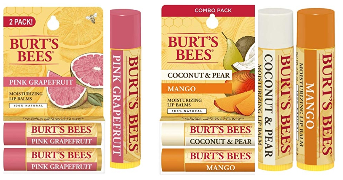 two, 2-packs of Burt's bees lip balm with a single lip balm next to each variety. Pink Grapefruit is on the left and Coconut & Pear / Mango is on the right.