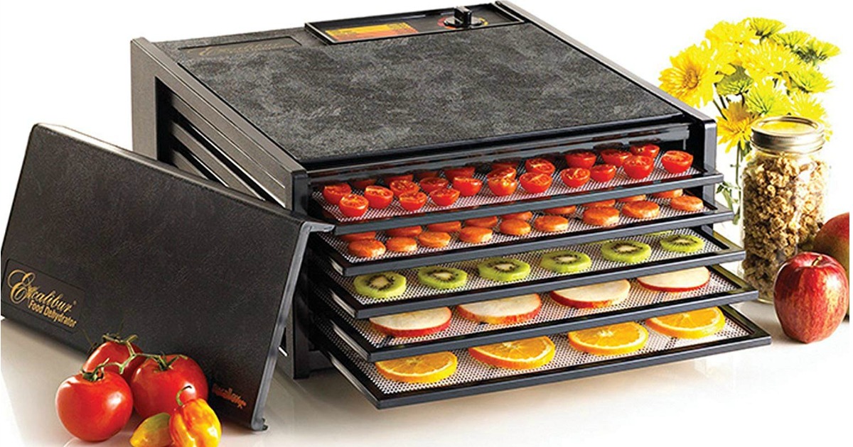 Excalibur 5 tray food dehydrator with trays displaying food items