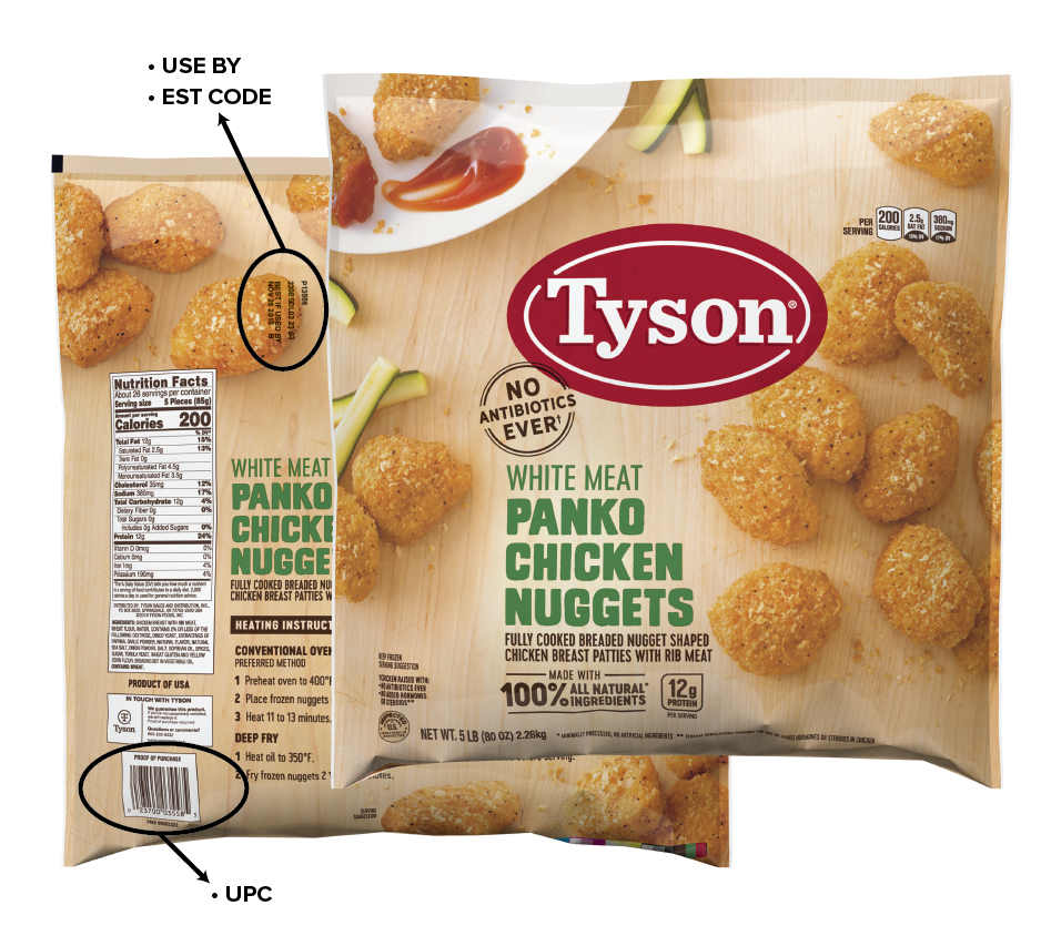 Panko Chicken Nuggets bag which shows where to locate recalled UPS code and use by date