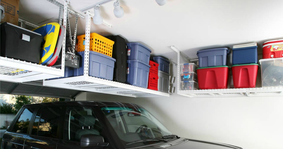 An overhead storage system in a garage 