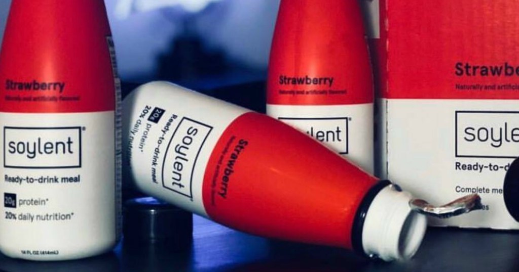 Soylent Strawberry Bottles side by side with and empty bottle lying down