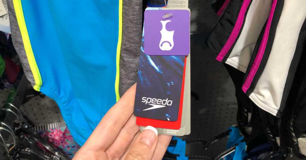 hand holding a Speedo tag