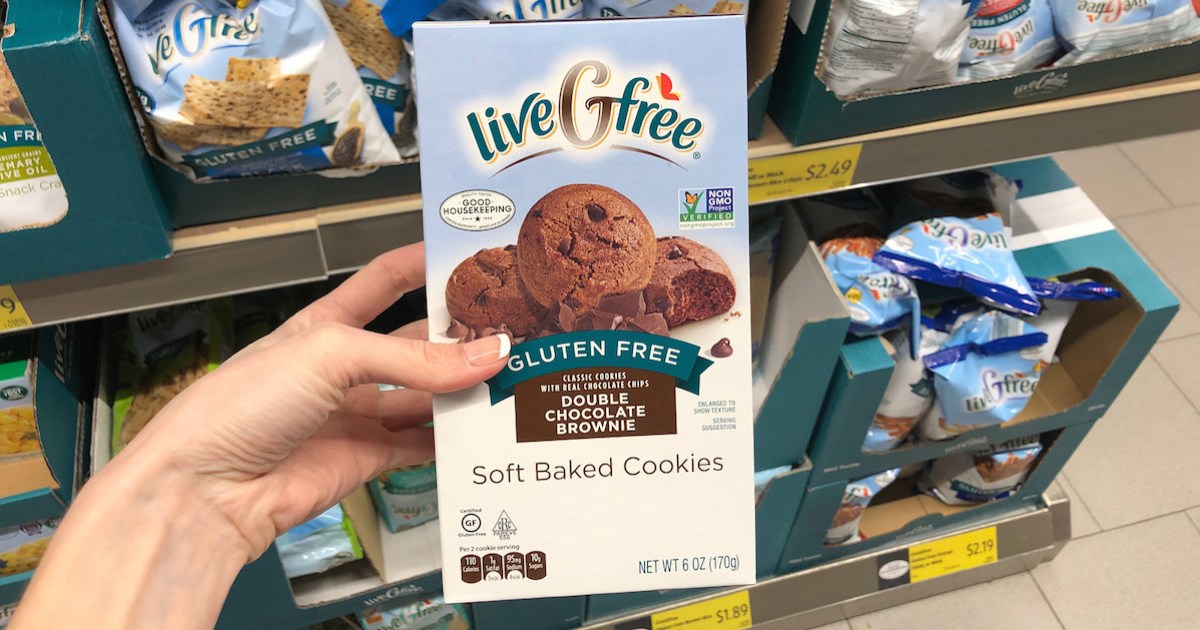 hand holding a box of liveGfree gluten free chocolate cookie mix
