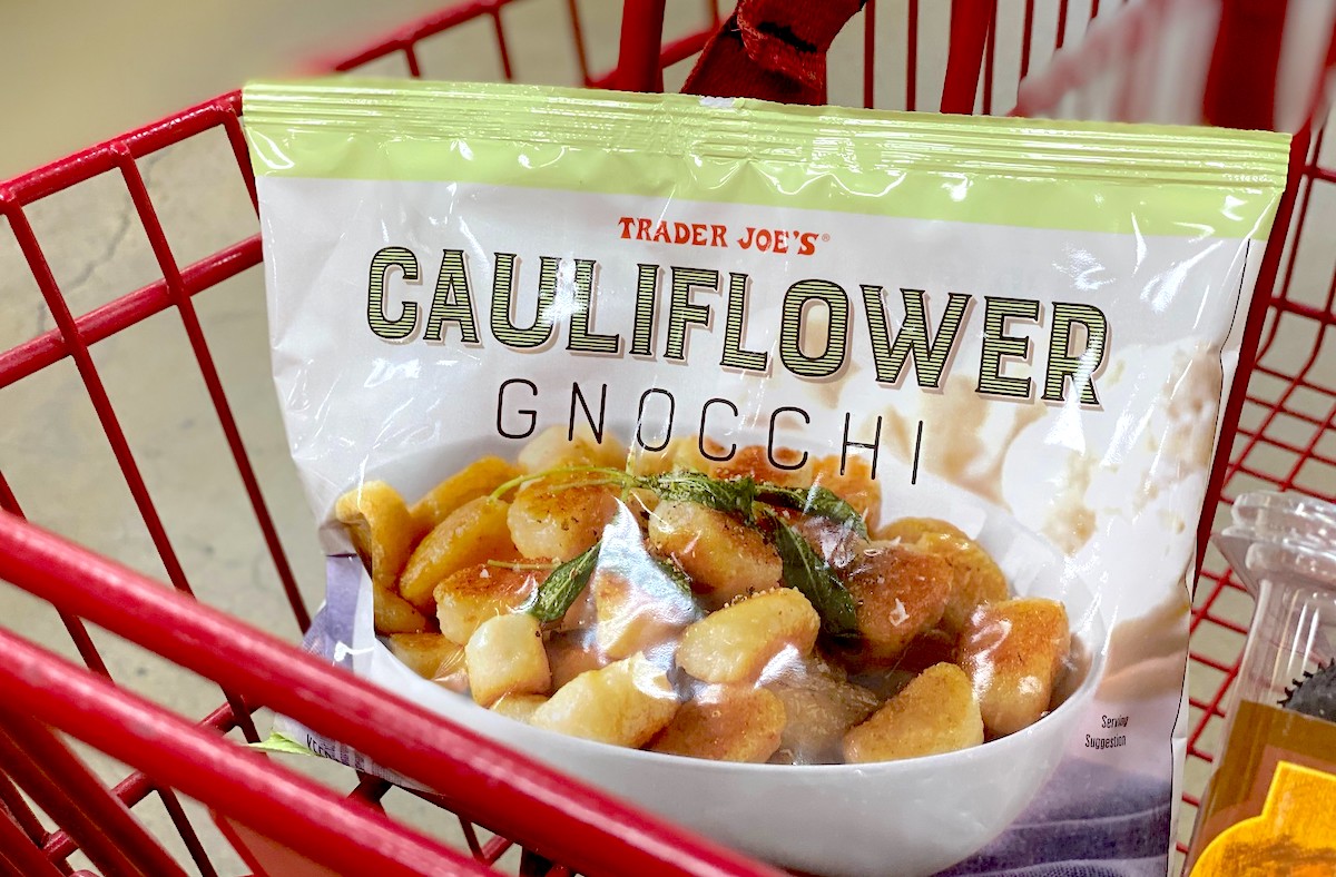 bag of cauliflower gnocchi sitting in red cart - best Trader Joe's items