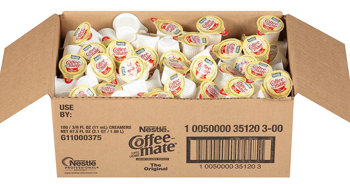 A box of Coffee-mate creamer singles