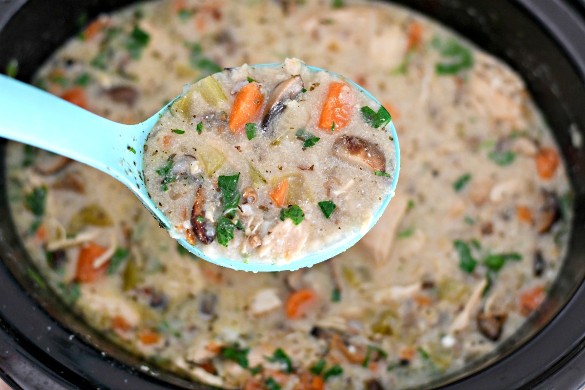 Slow Cooker Wild Rice Soup - closeup of the soup in a ladle