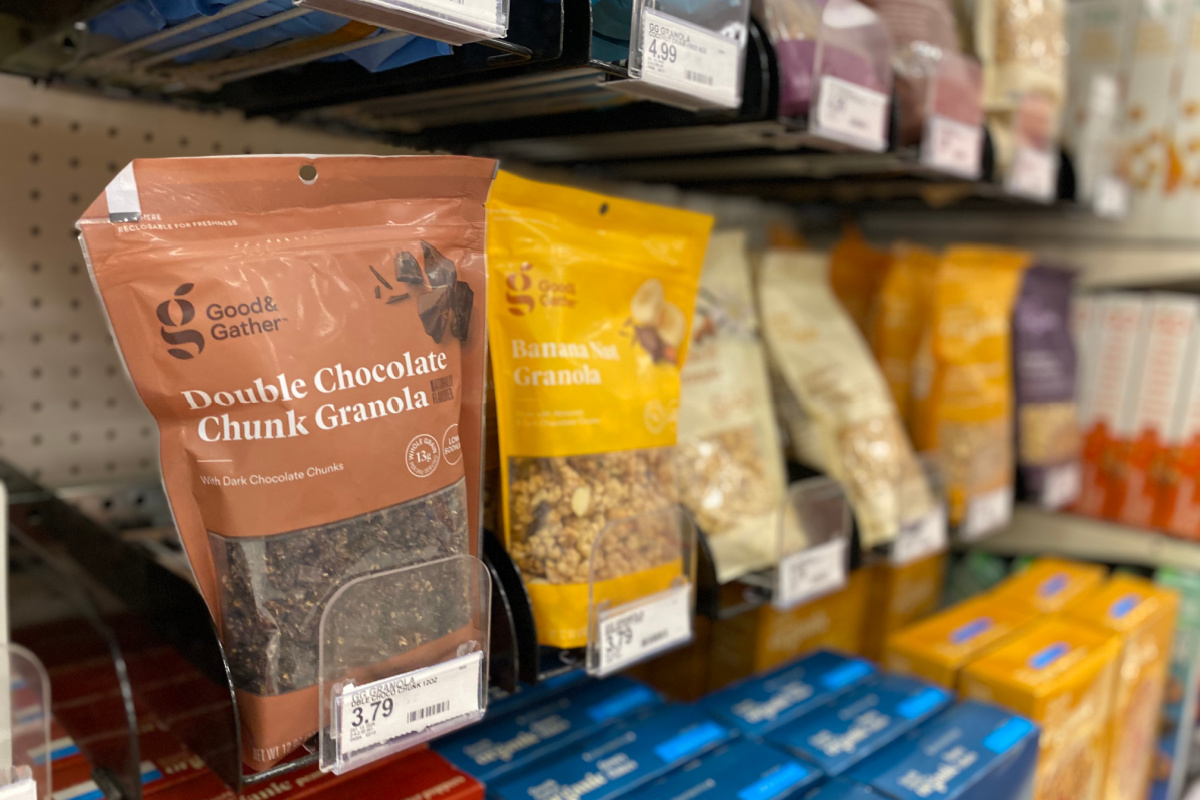 bags of granola hanging in store