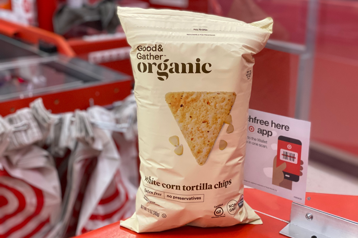 bag of target brand tortilla chips in front of plastic bags