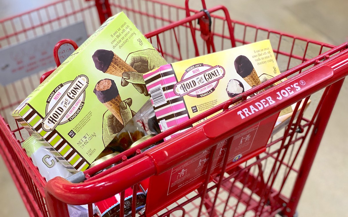 two boxes of ice cream cones in a red trader joes cart