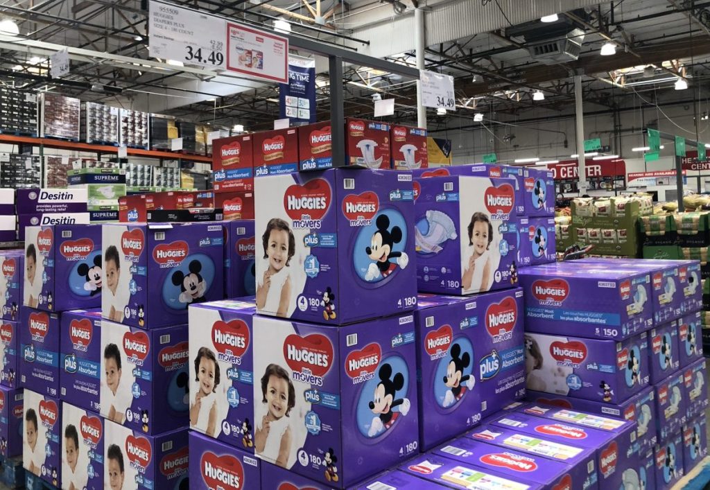boxes of diapers on display in warehouse