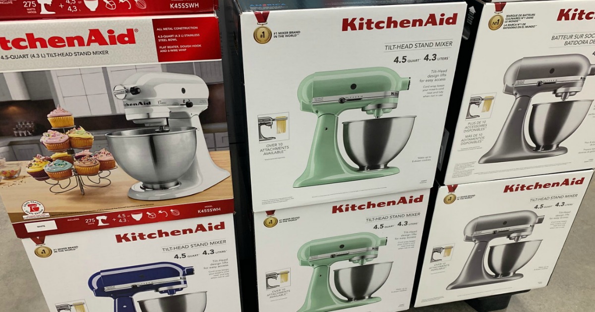 various boxes of KitchenAid stand mixers