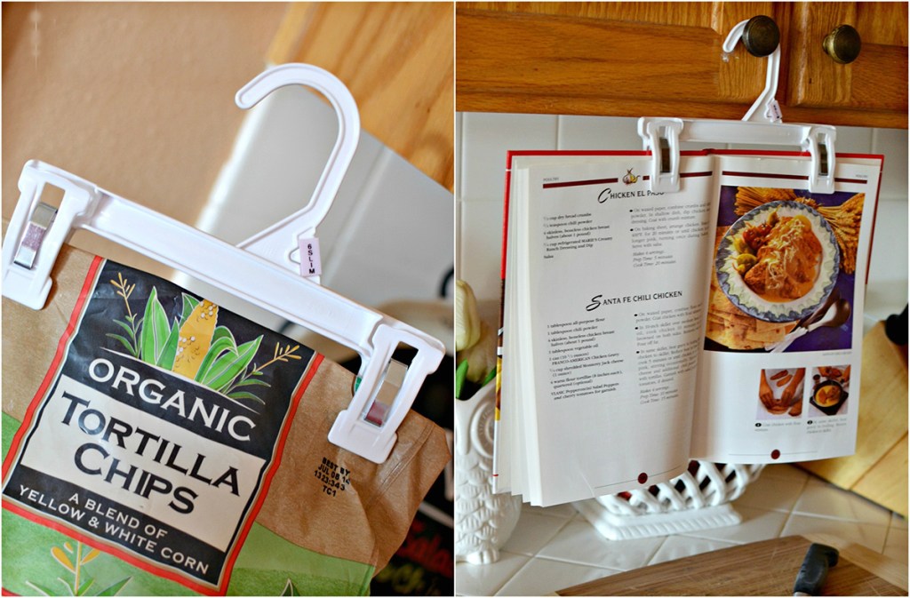 using pant clips to seal chips bag and hold up cookbook