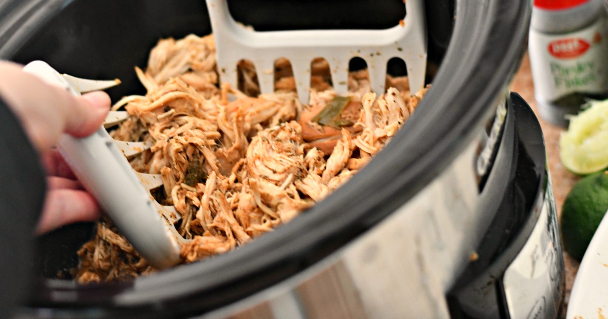 Slow Cooker Chicken Tacos being shredded apart
