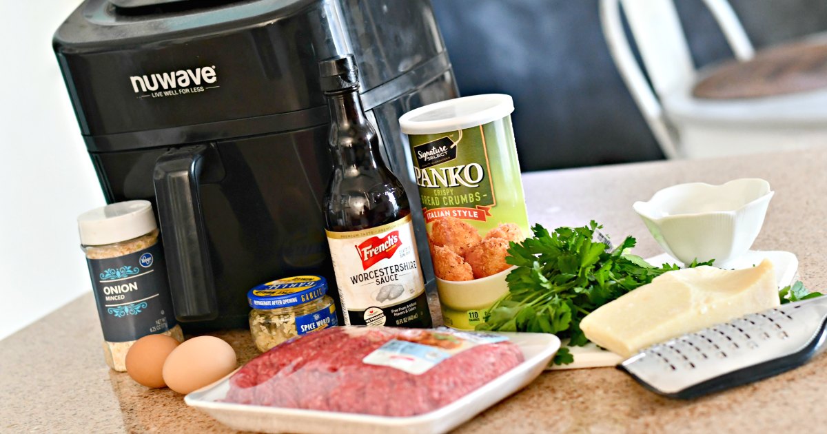 easy air fryer Parmesan meatballs ingredients on the counter