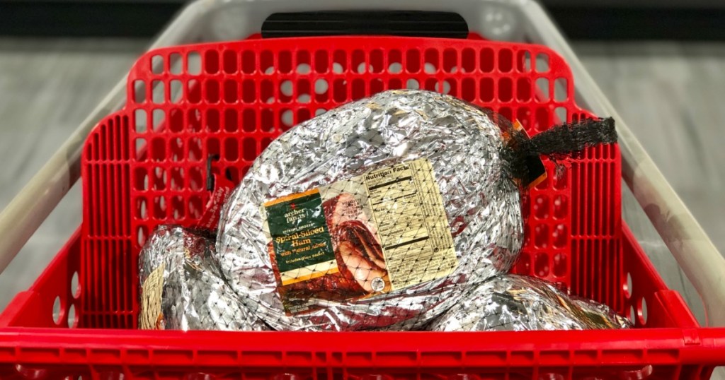 silver package of ham in red cart 