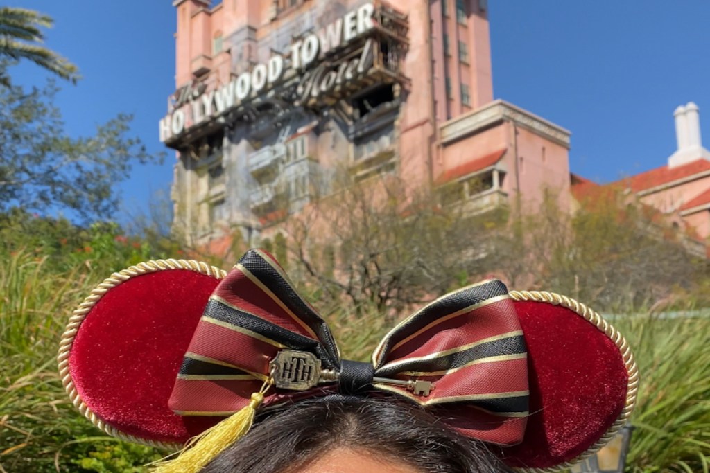 tower of terror mickey ears with Hollywood Studios in the Background