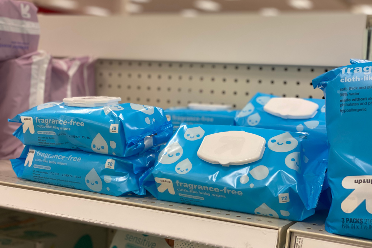 packages of baby wipes on store shelf