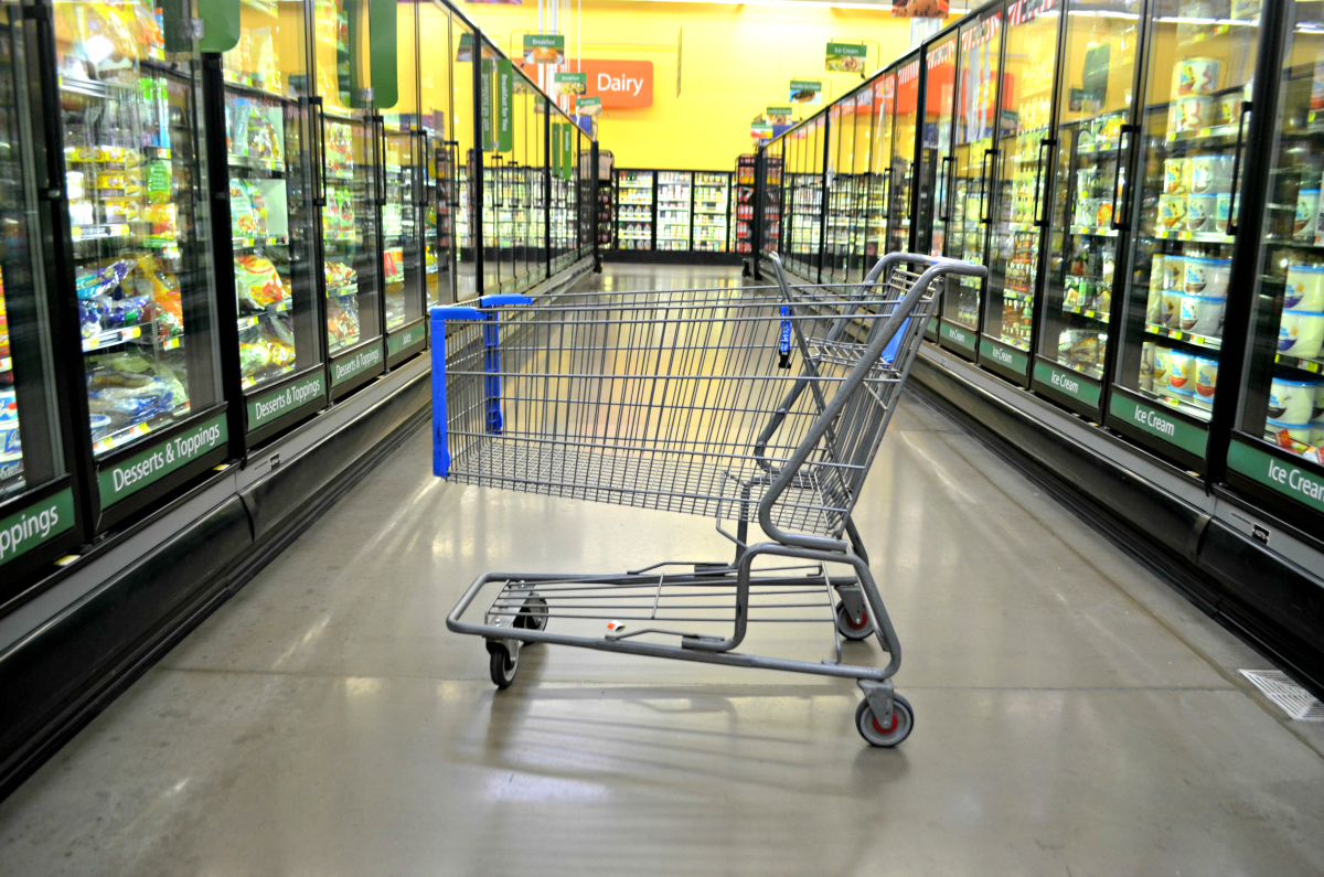 walmart cart in the frozen foods aisle