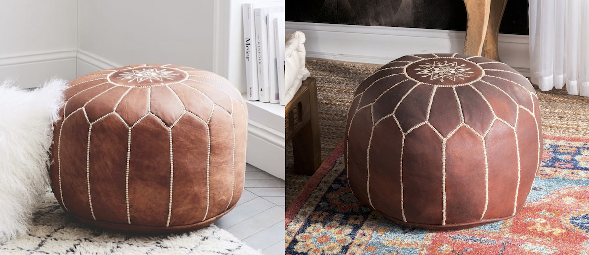 west elm copycat for less money  west elm overstock Moroccan pouf ottoman comparisons side by side