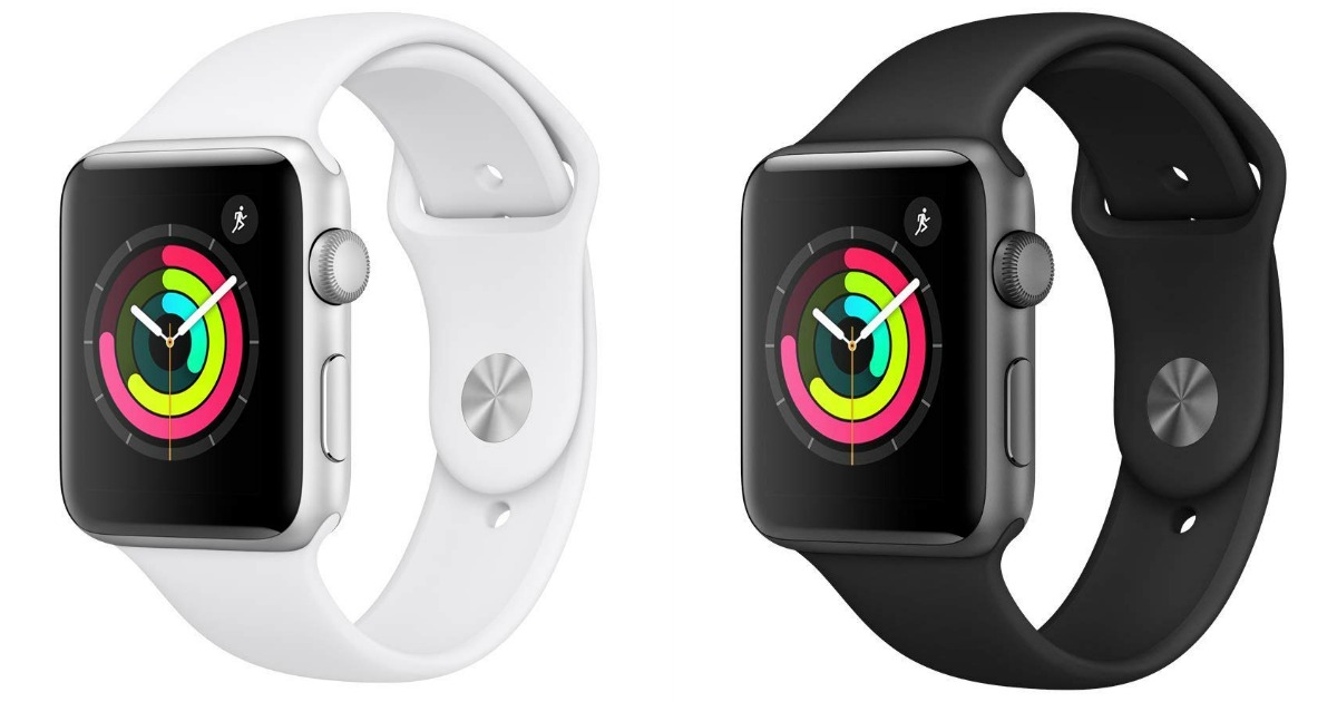 Two Apple Watches, series 3. White on the left and black on the right.