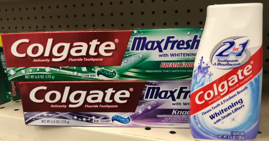 Colgate toothpaste on shelf