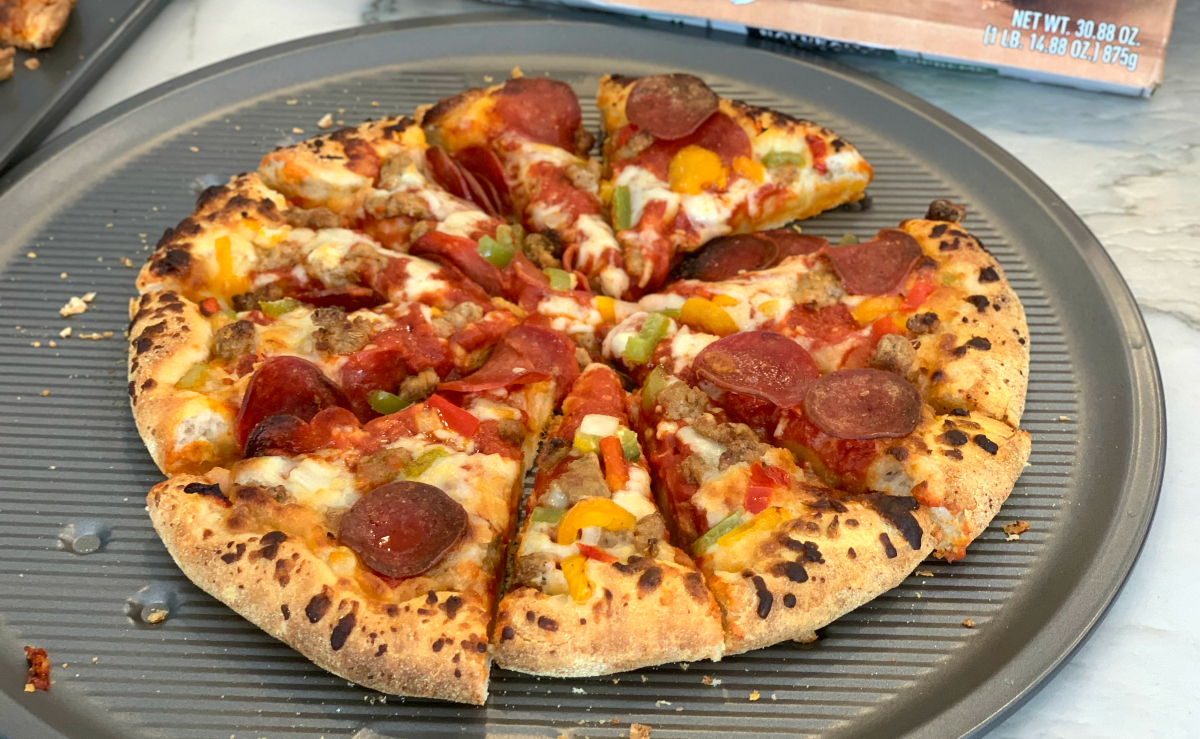 Freschetta pizza baked on the pan