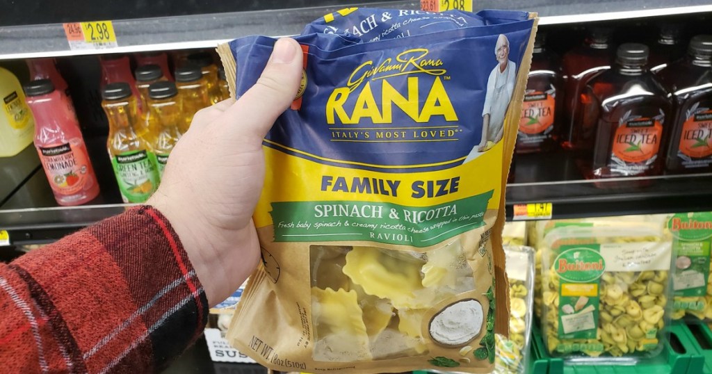 bag of Giovanni Rana refrigerated pasta being held in front of store shelf