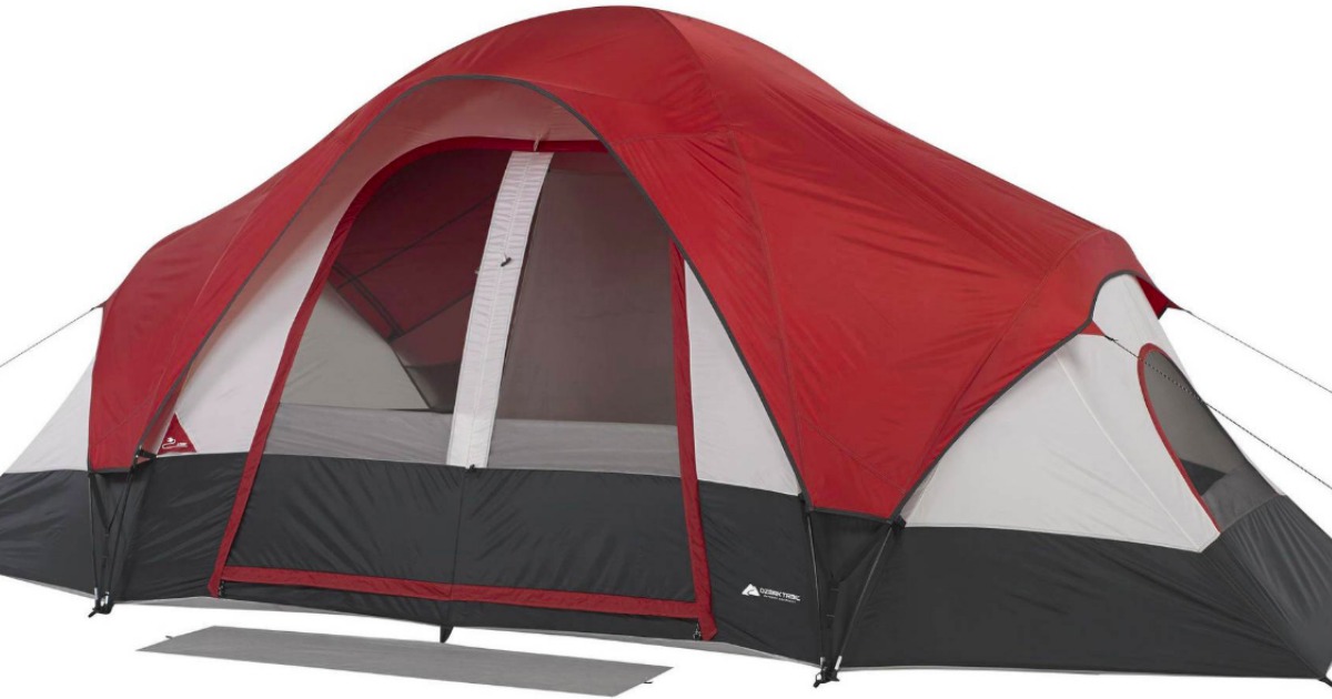 ozark trail 8-person tent in black, grey and red