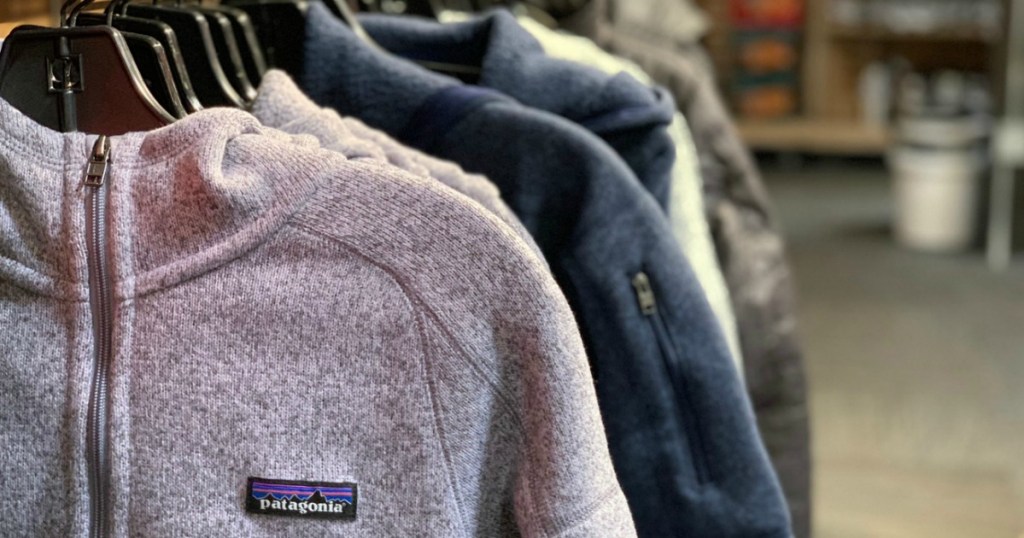 Patagonia fleeces hanging in store