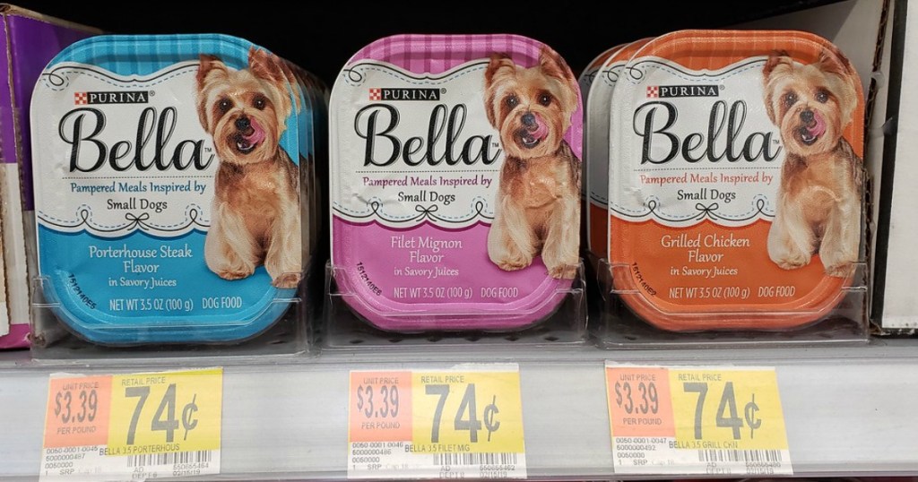 Purina Bella wet dog food on store shelf