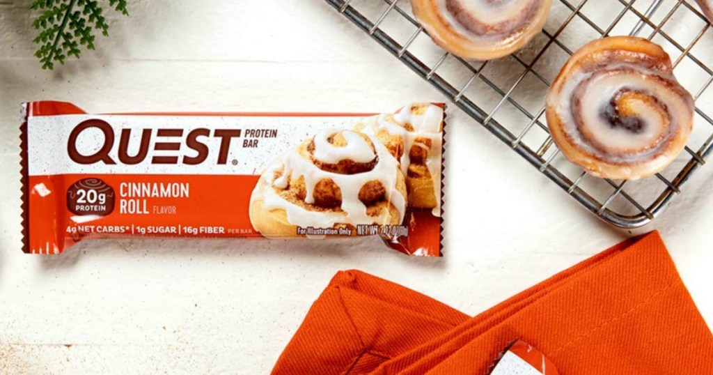 Quest Nutrition Cinnamon Roll Laying on table