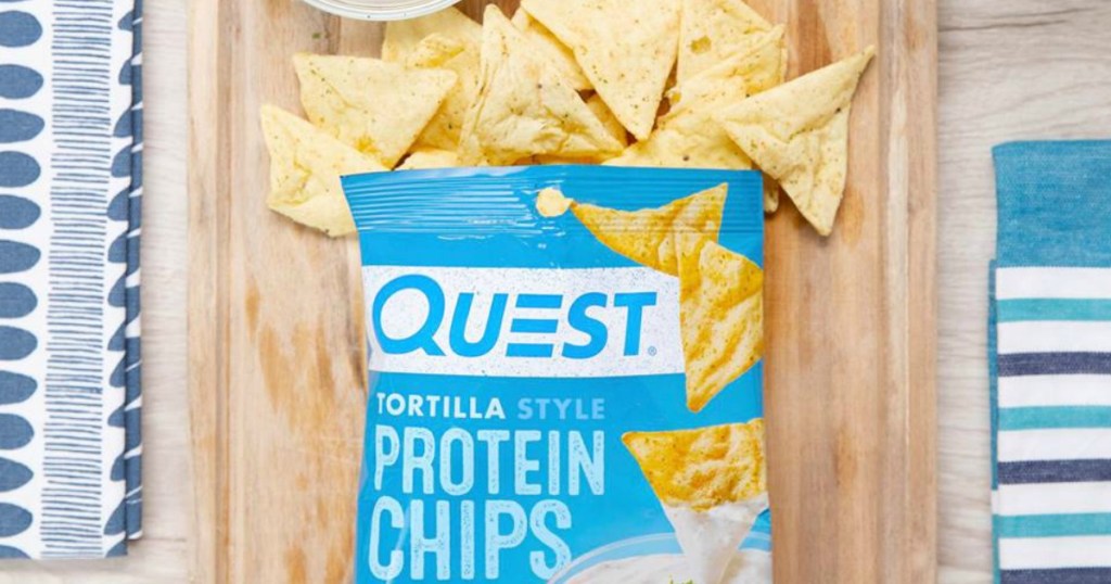 Quest tortilla protein chips spilling out of bag