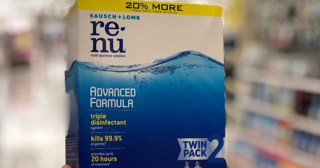 close up of renu contact lens solution packaging